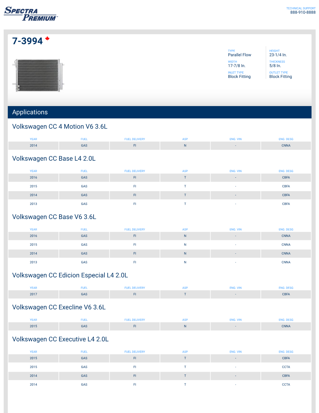 Applications Volkswagen CC 4 Motion V6 3.6L Volkswagen CC Base L4