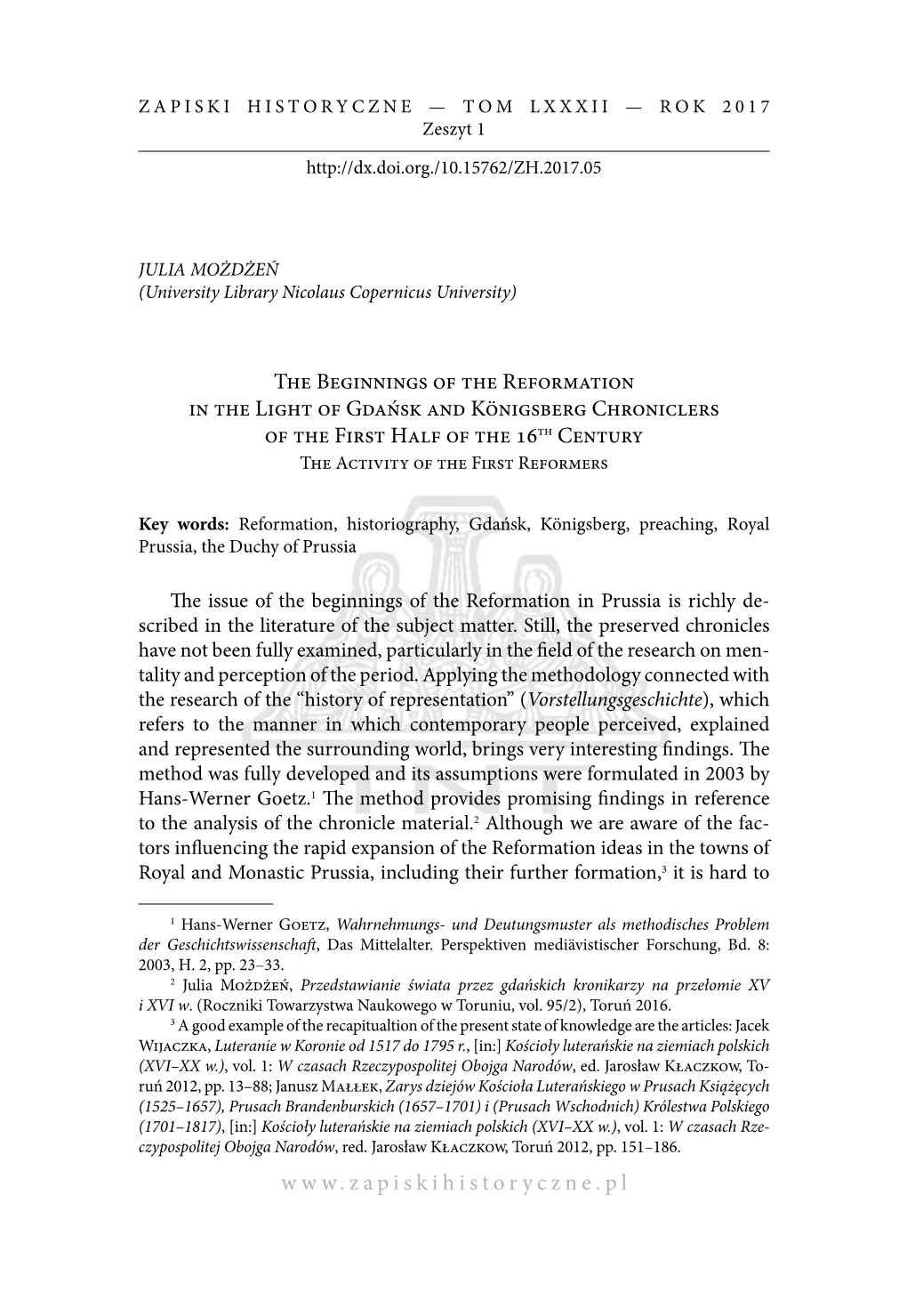 The Beginnings of the Reformation in the Light of Gdańsk and Königsberg Chroniclers of the First Half of the 16Th Century the Activity of the First Reformers