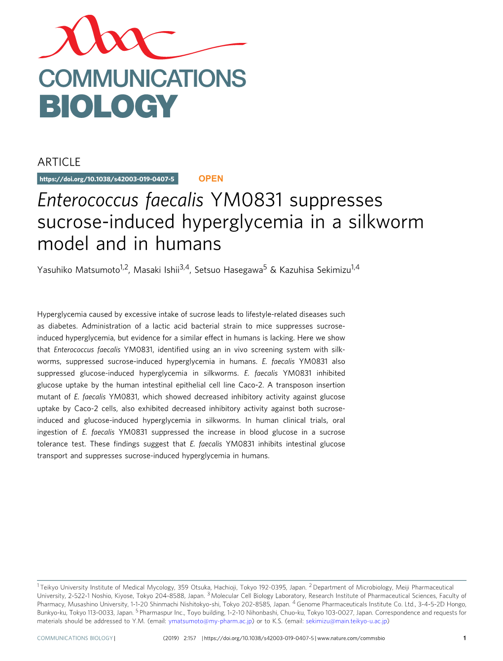 Enterococcus Faecalis YM0831 Suppresses Sucrose-Induced Hyperglycemia in a Silkworm Model and in Humans