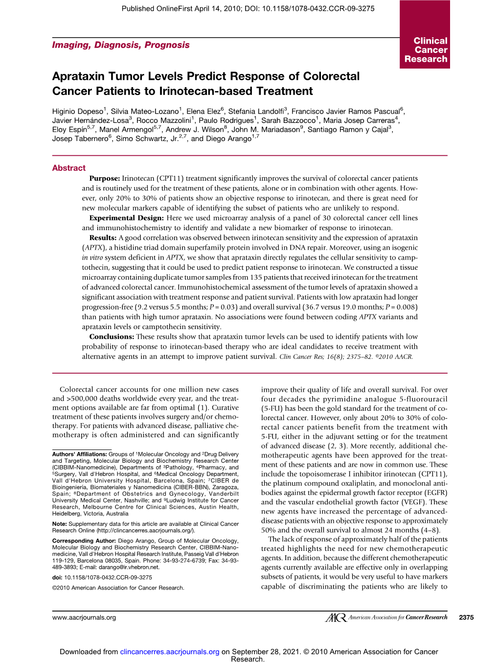 Aprataxin Tumor Levels Predict Response of Colorectal Cancer Patients to Irinotecan-Based Treatment