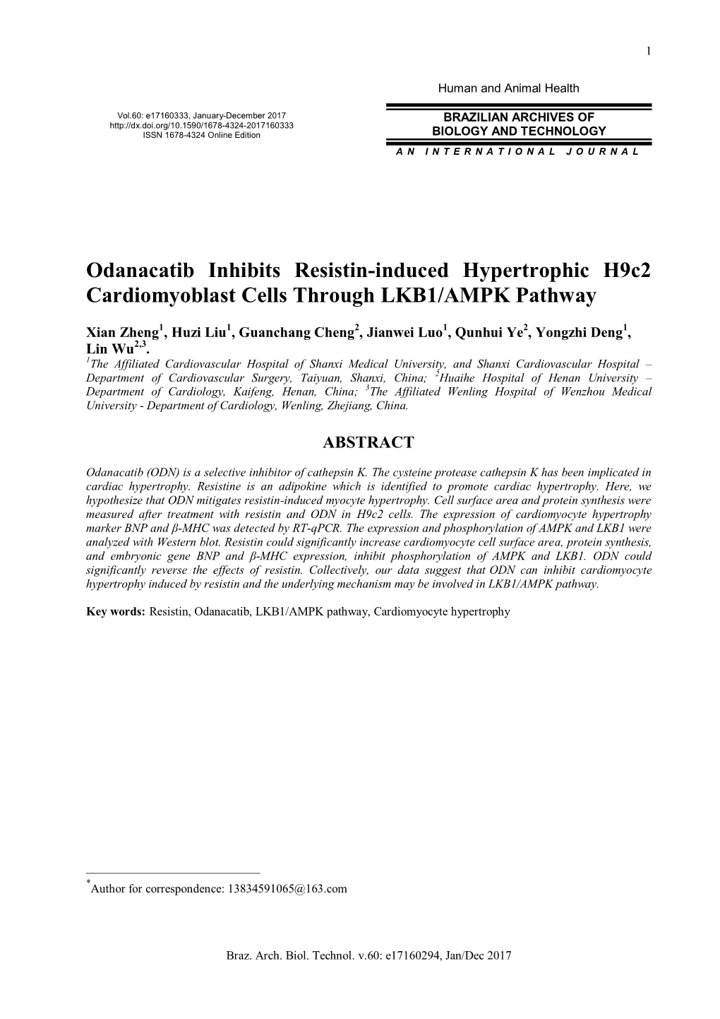 Odanacatib Inhibits Resistin-Induced Hypertrophic H9c2 Cardiomyoblast Cells Through LKB1/AMPK Pathway