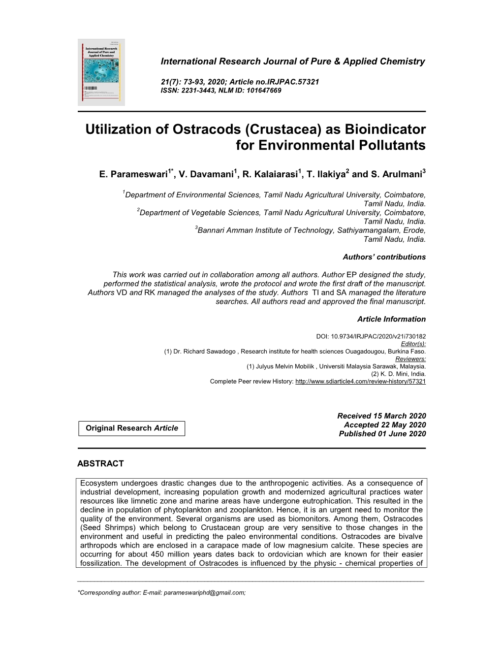 Utilization of Ostracods (Crustacea) As Bioindicator for Environmental Pollutants