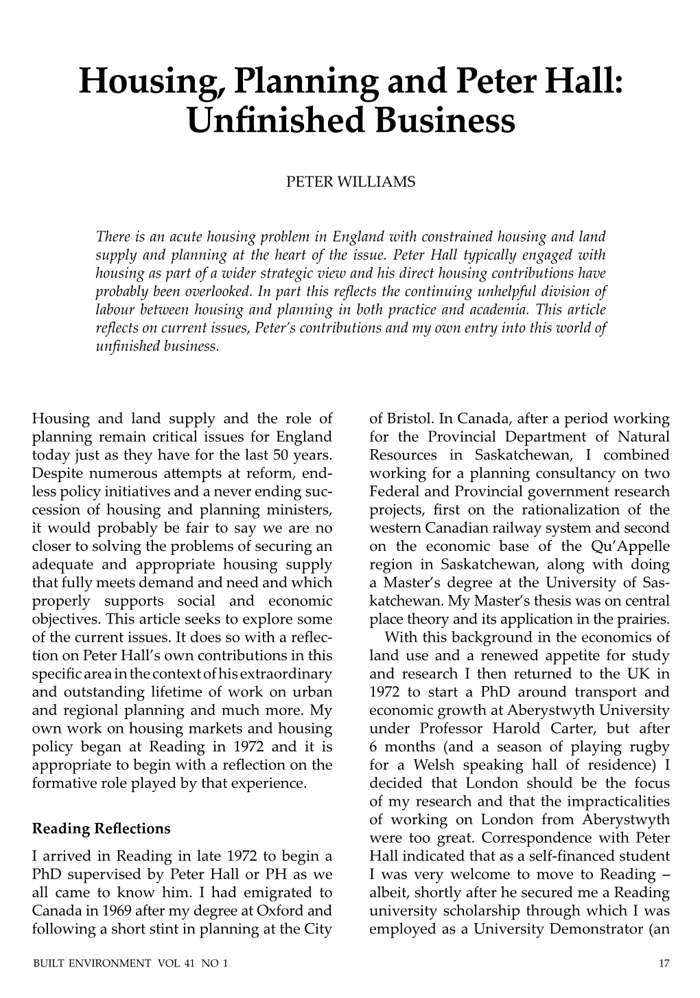 HOUSING, PLANNING and PETER HALL: UNFINISHED BUSINESS Housing, Planning and Peter Hall: Unﬁ Nished Business