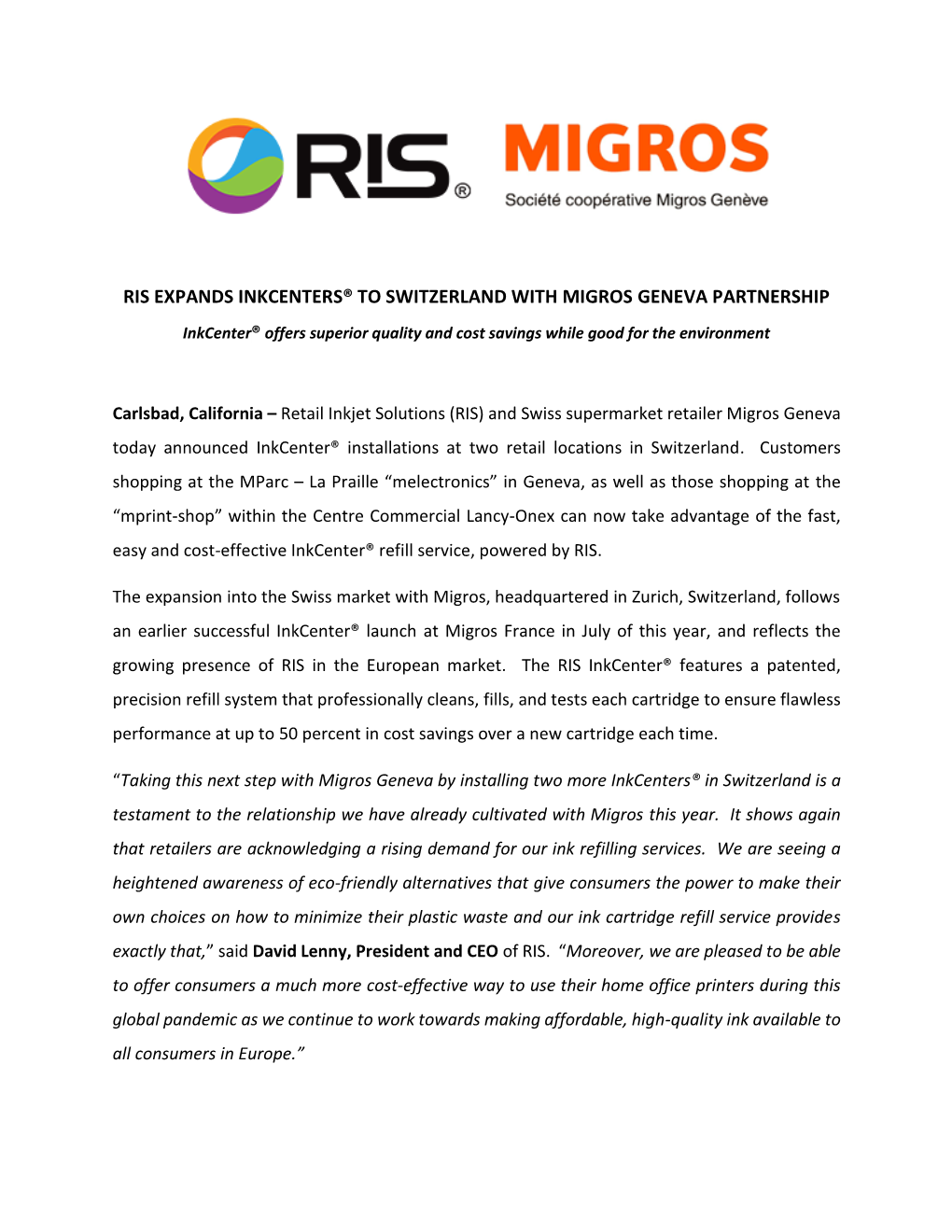 Ris Expands Inkcenters® to Switzerland with Migros Geneva Partnership