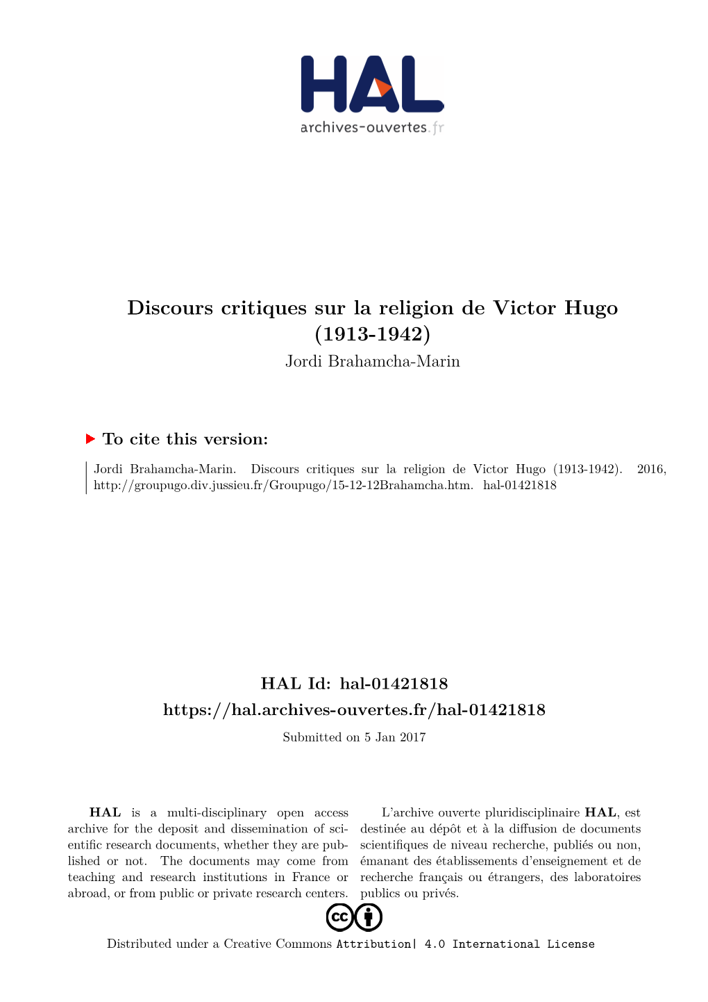Discours Critiques Sur La Religion De Victor Hugo (1913-1942) Jordi Brahamcha-Marin
