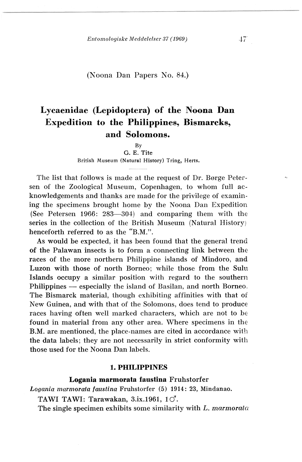 Lepidoptera) of the Noona Dan Expedition to the Philippines, Bismarcks, and Solomons