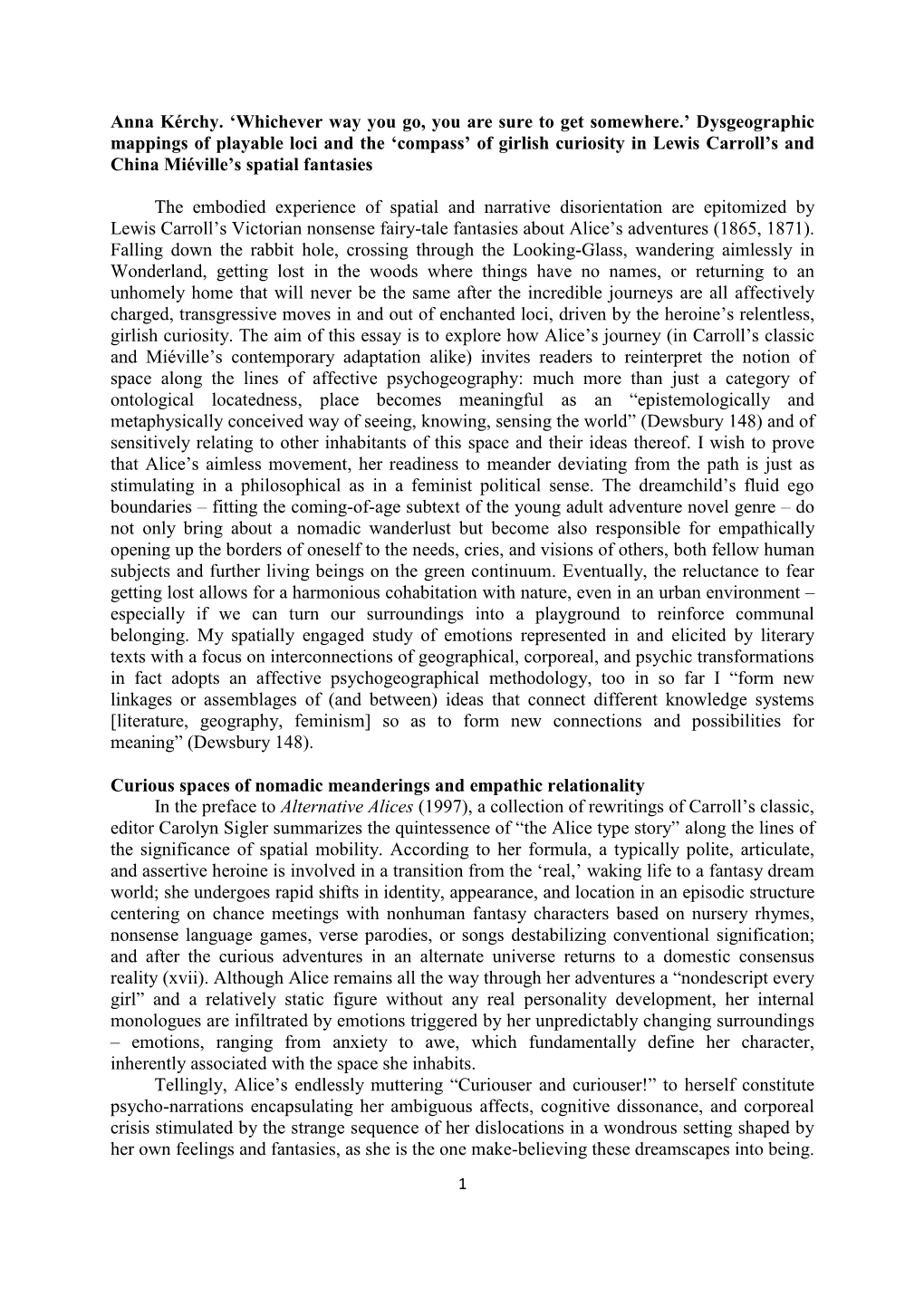 Dysgeographic Mappings of Playable Loci and the ‘Compass’ of Girlish Curiosity in Lewis Carroll’S and China Miéville’S Spatial Fantasies