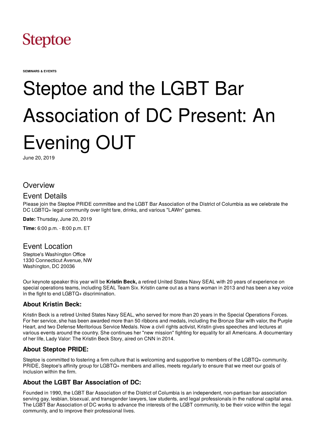 Steptoe and the LGBT Bar Association of DC Present: an Evening OUT