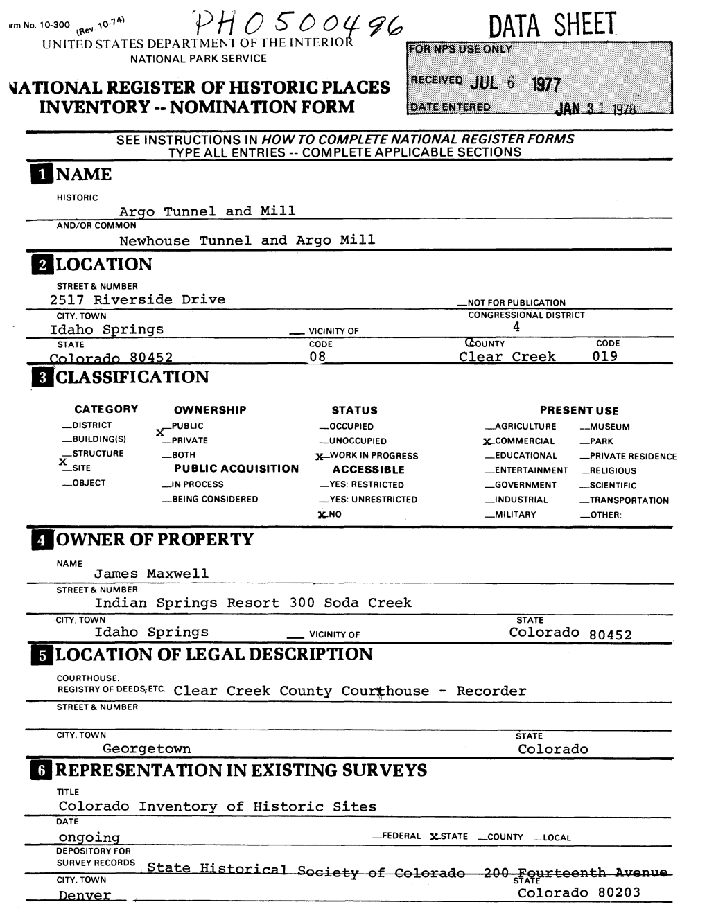 Data Sheet United States Department of the 1Nterio National Park Service National Register of Historic Places Inventory -- Nomination Form