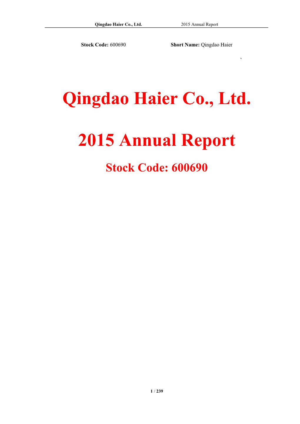Qingdao Haier Co., Ltd. 2015 Annual Report