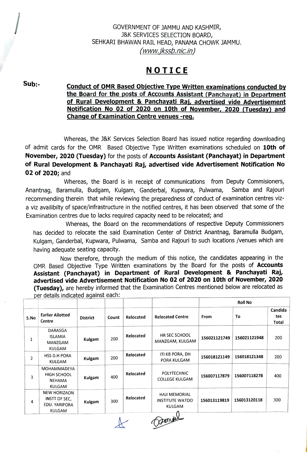 Sub Conduct of OMR Based Objective Ivpe Written Examinations