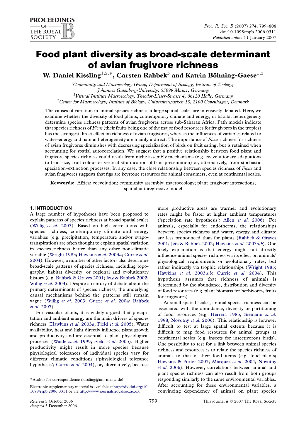 Food Plant Diversity As Broad-Scale Determinant of Avian Frugivore Richness W