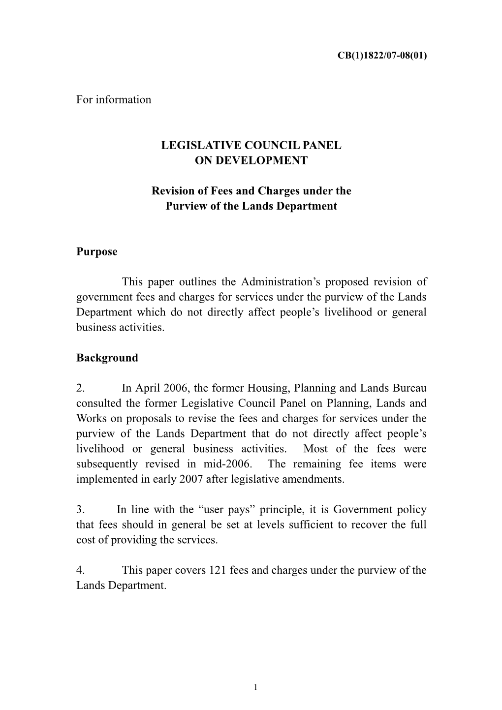 Administration's Paper on Revision of Fees and Charges Under the Purview