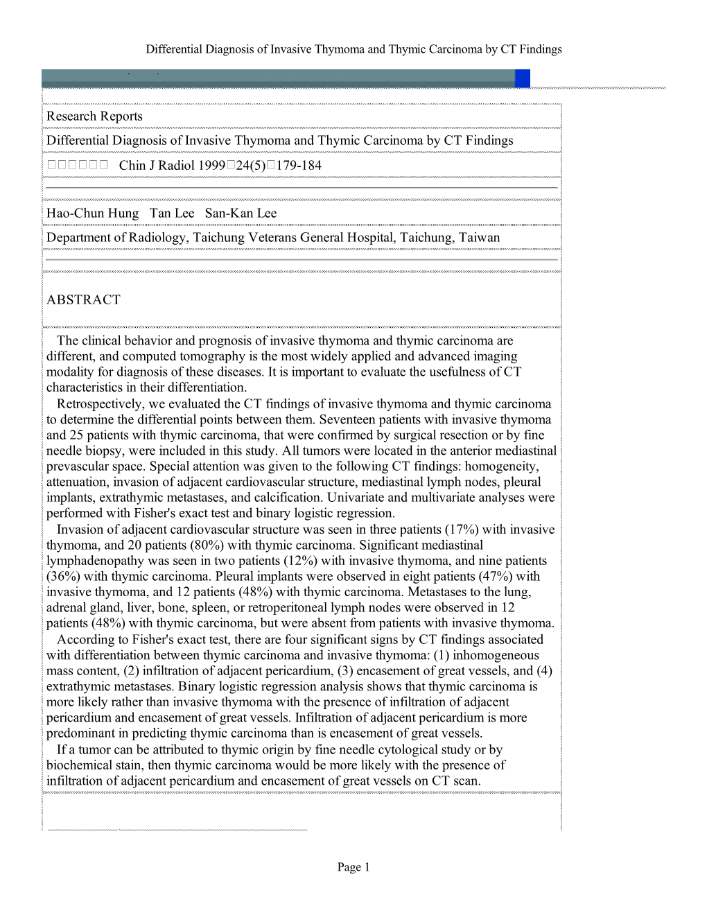 Differential Diagnosis of Invasive Thymoma and Thymic Carcinoma by CT Findings