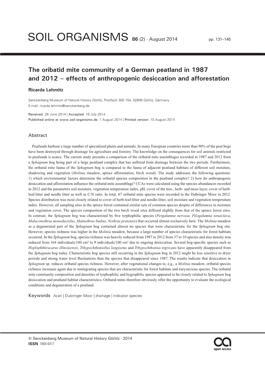 The Oribatid Mite Community of a German Peatland in 1987 and 2012 – Effects of Anthropogenic Desiccation and Afforestation