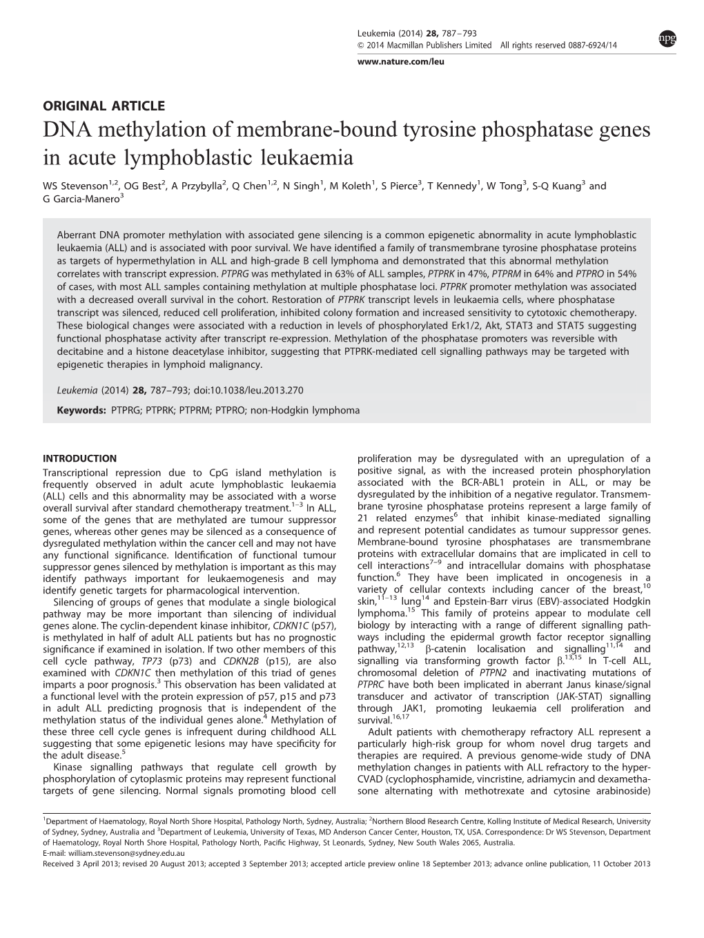 DNA Methylation of Membrane-Bound Tyrosine Phosphatase Genes in Acute Lymphoblastic Leukaemia