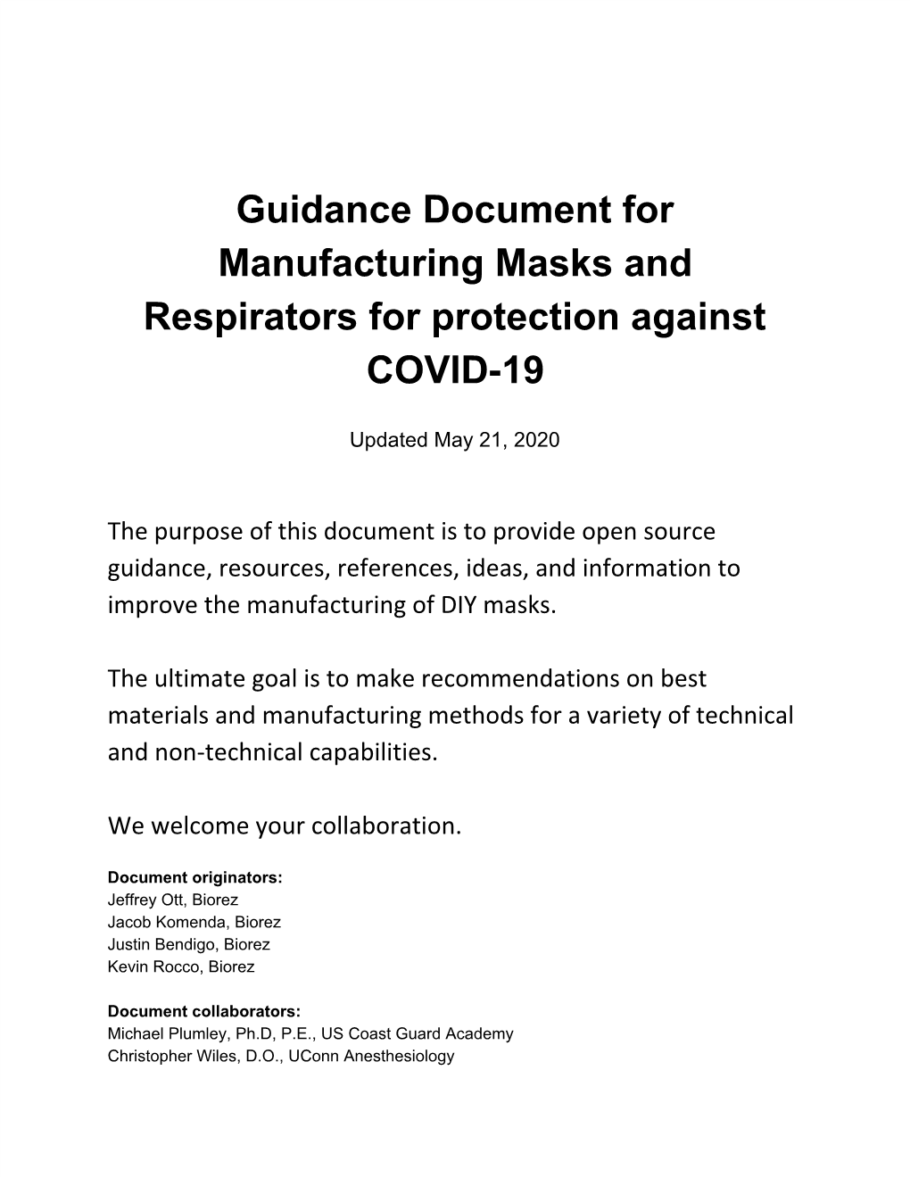 Guidance Document for Manufacturing Masks and Respirators for Protection Against COVID-19