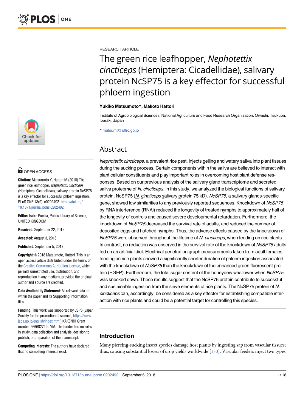 The Green Rice Leafhopper, Nephotettix Cincticeps (Hemiptera: Cicadellidae), Salivary Protein Ncsp75 Is a Key Effector for Successful Phloem Ingestion