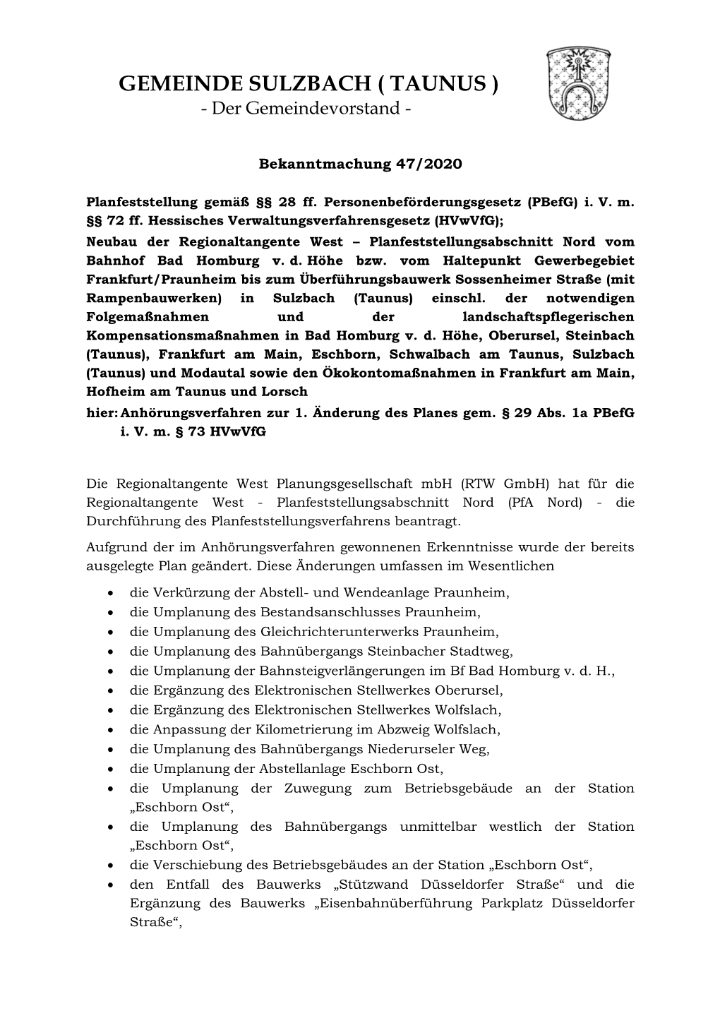 Gemeinde Sulzbach (Taunus) Und Der Gemarkung Herchenrode Der Gemeinde Modautal