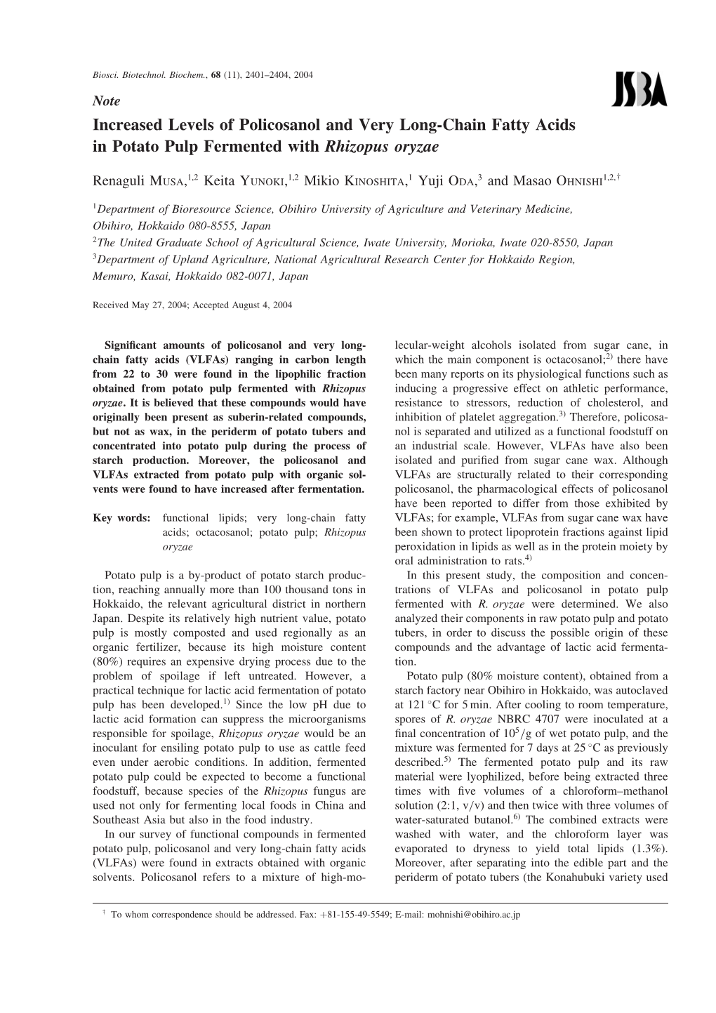 Increased Levels of Policosanol and Very Long-Chain Fatty Acids in Potato Pulp Fermented with Rhizopus Oryzae