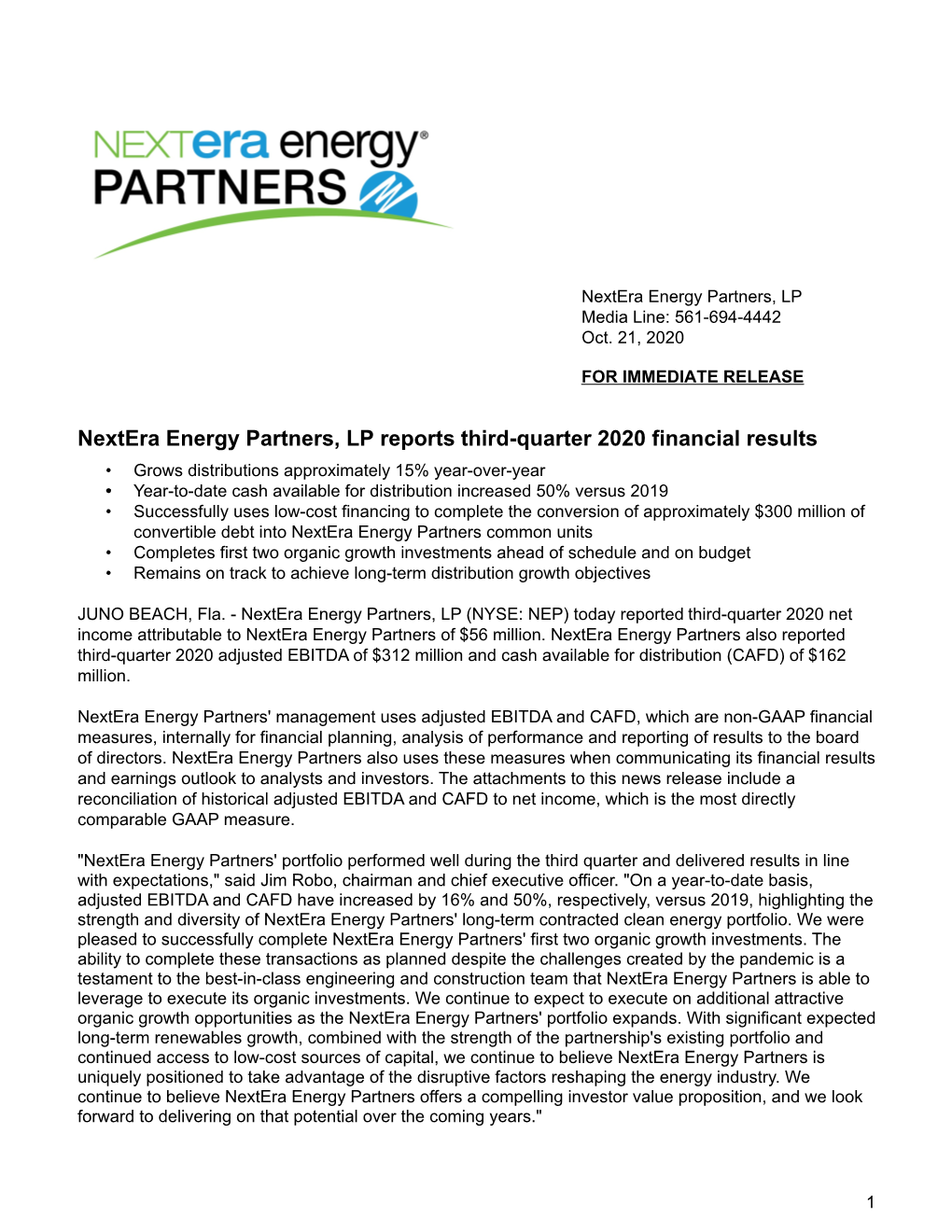 Nextera Energy Partners, LP Reports Third-Quarter 2020 Financial Results