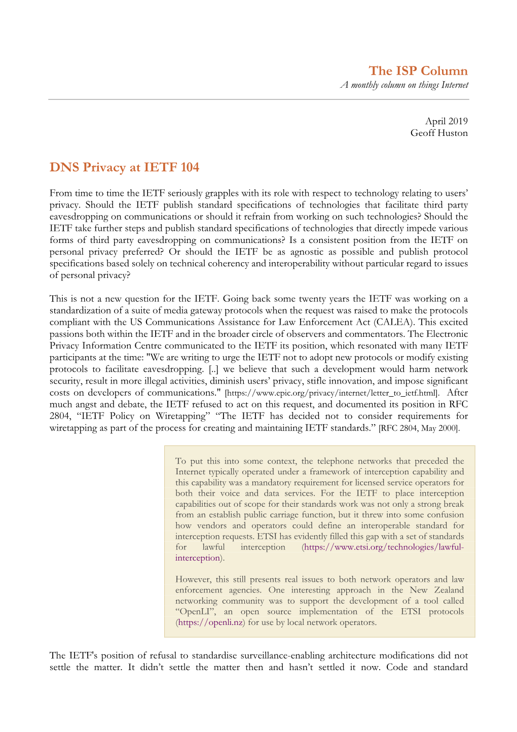 The ISP Column DNS Privacy at IETF