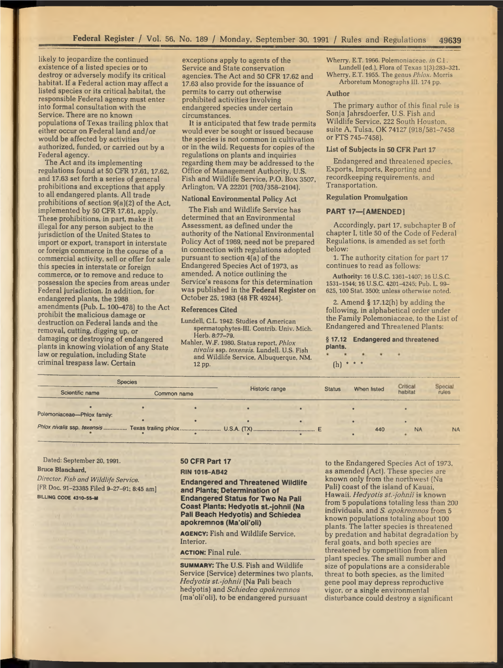 Federal Register / Vol. 56, No. 189 / Monday, September 30, 1991 / Rules and Regulations 49639