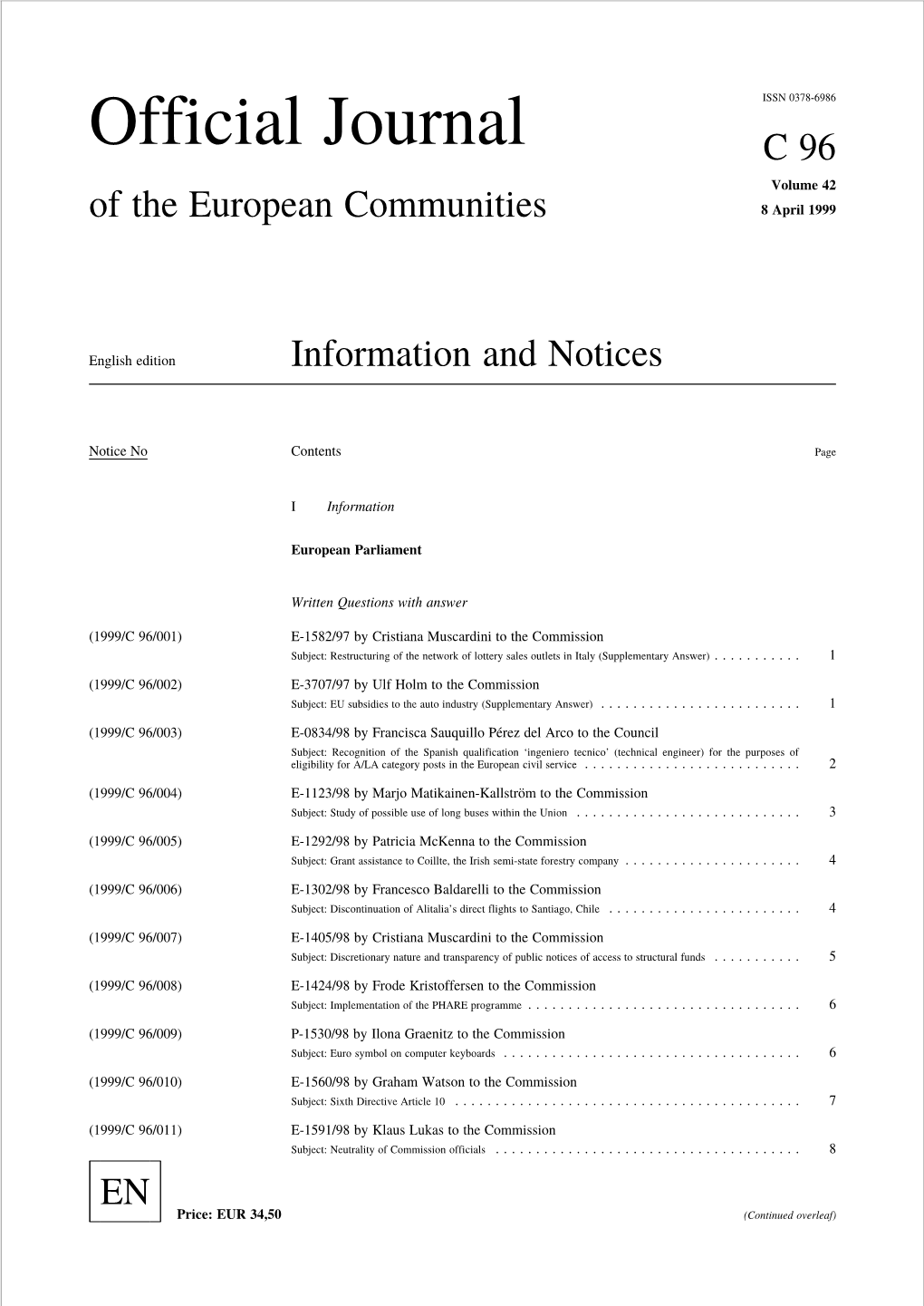 Official Journal C96 Volume 42 of the European Communities 8 April 1999