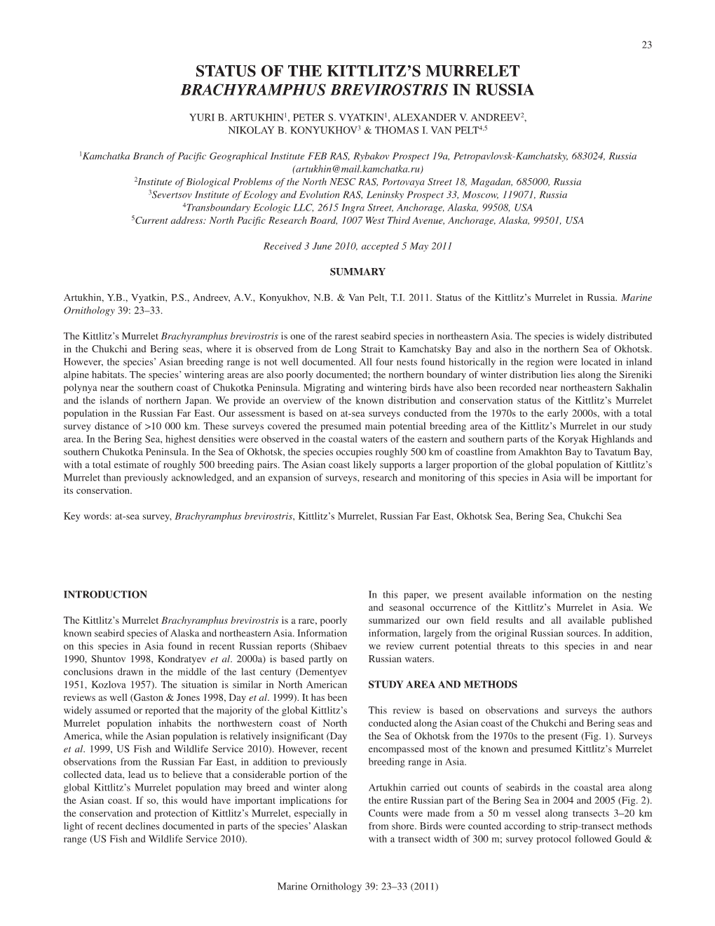 Status of the Kittlitz's Murrelet Brachyramphus