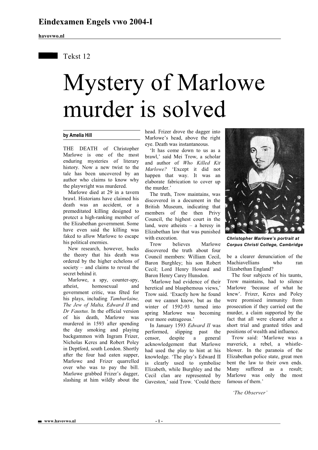 Mystery of Marlowe Murder Is Solved