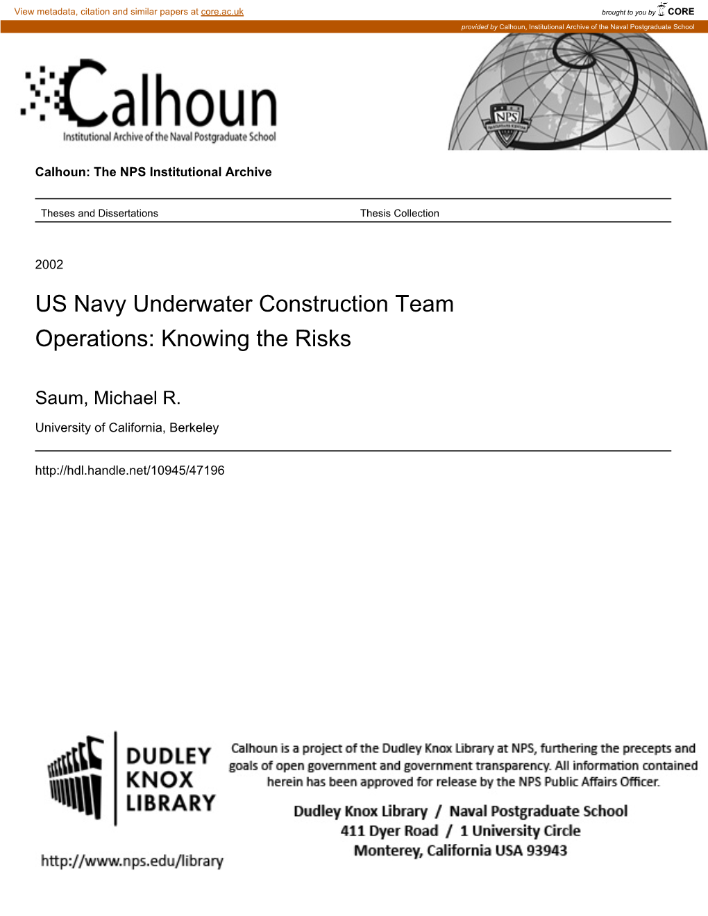 US Navy Underwater Construction Team Operations: Knowing the Risks