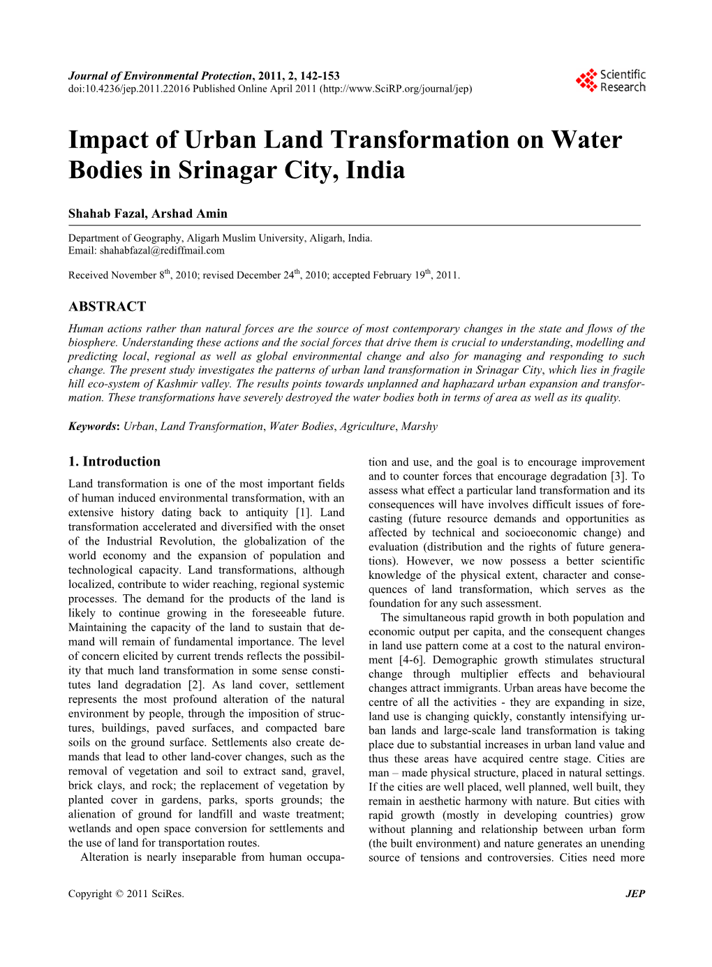 Impact of Urban Land Transformation on Water Bodies in Srinagar City, India