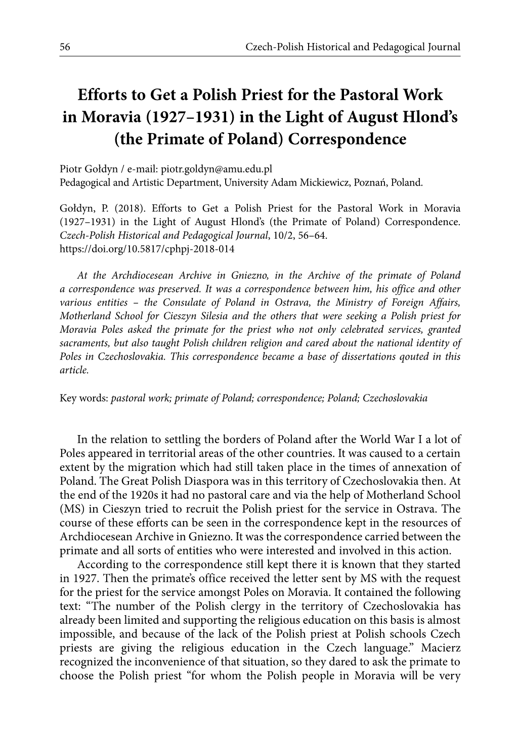 Efforts to Get a Polish Priest for the Pastoral Work in Moravia (1927–1931) in the Light of August Hlond’S (The Primate of Poland) Correspondence