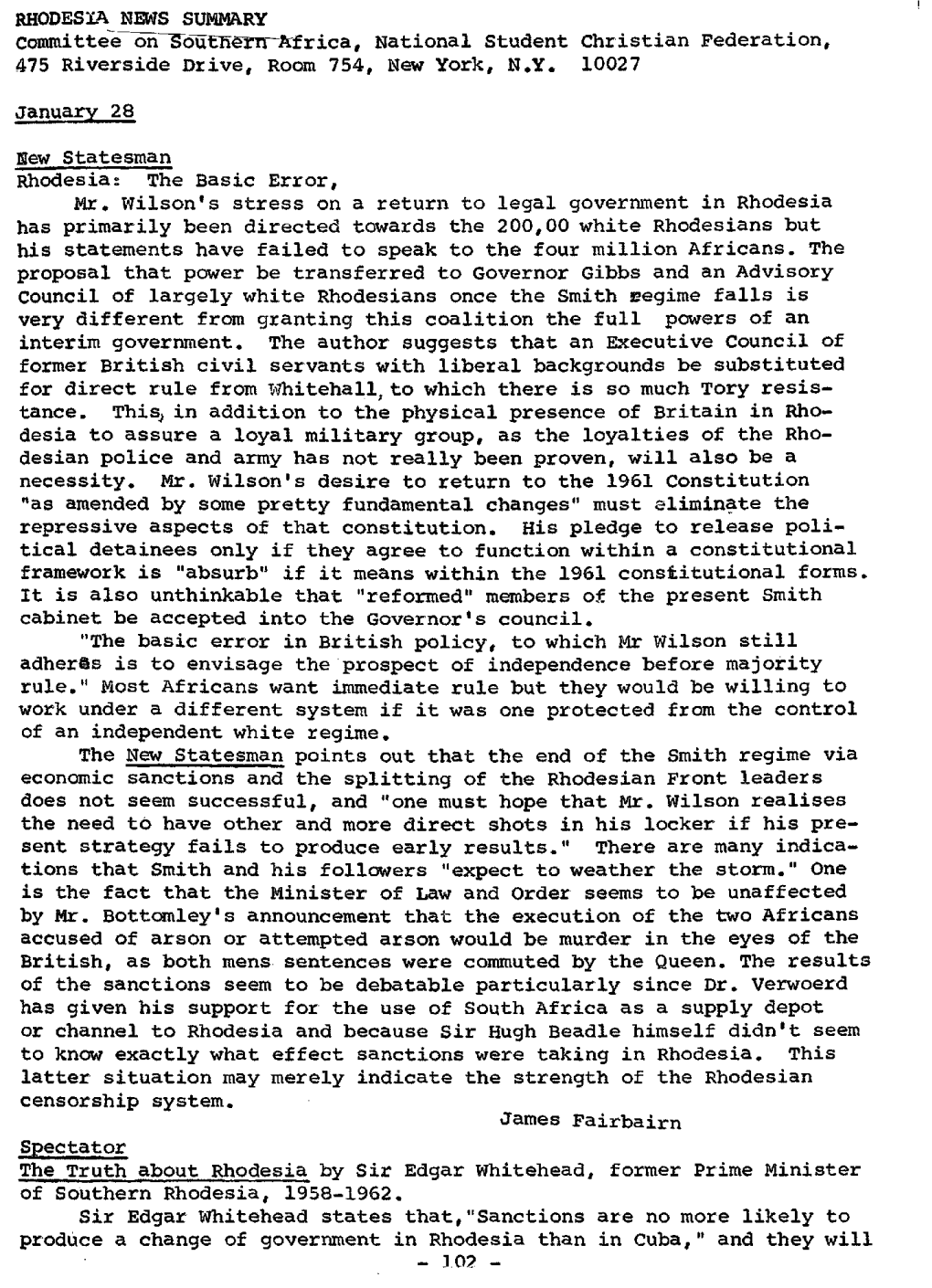 RHODESIA NEWS SUMMARY Committee I Ons6uteirafrica