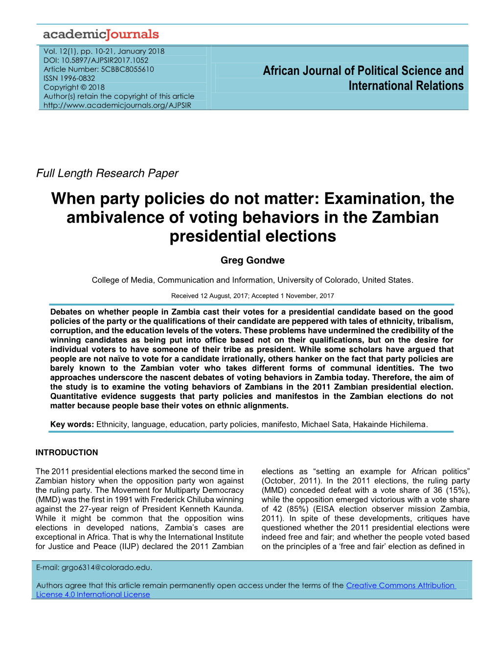When Party Policies Do Not Matter: Examination, the Ambivalence of Voting Behaviors in the Zambian Presidential Elections