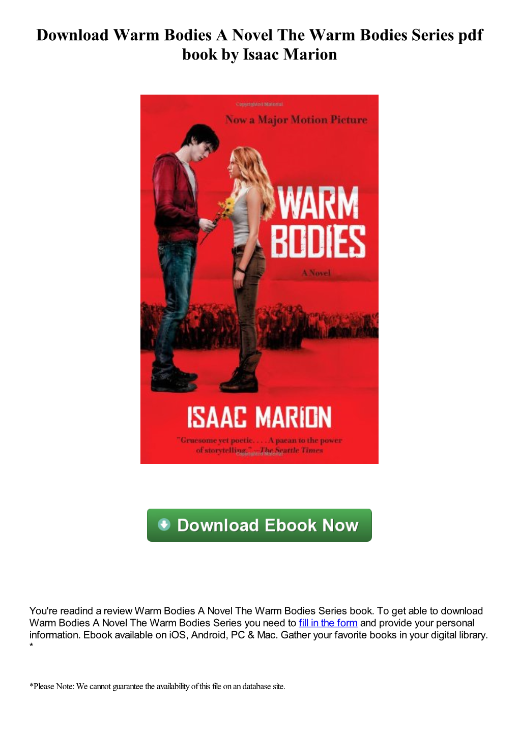 Warm Bodies a Novel the Warm Bodies Series Pdf Book by Isaac Marion