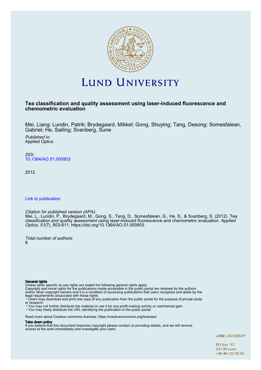 Tea Classification and Quality Assessment Using Laser-Induced Fluorescence and Chemometric Evaluation