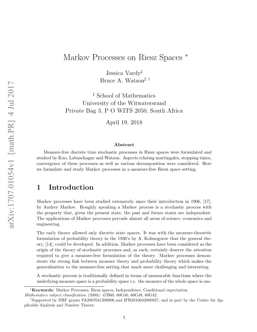 [Math.PR] 4 Jul 2017 Markov Processes on Riesz Spaces