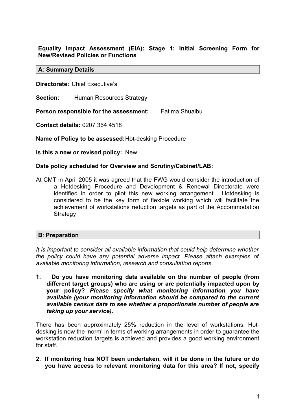 Equality Impact Assessment (EIA): Stage 1: Initial Screening Form