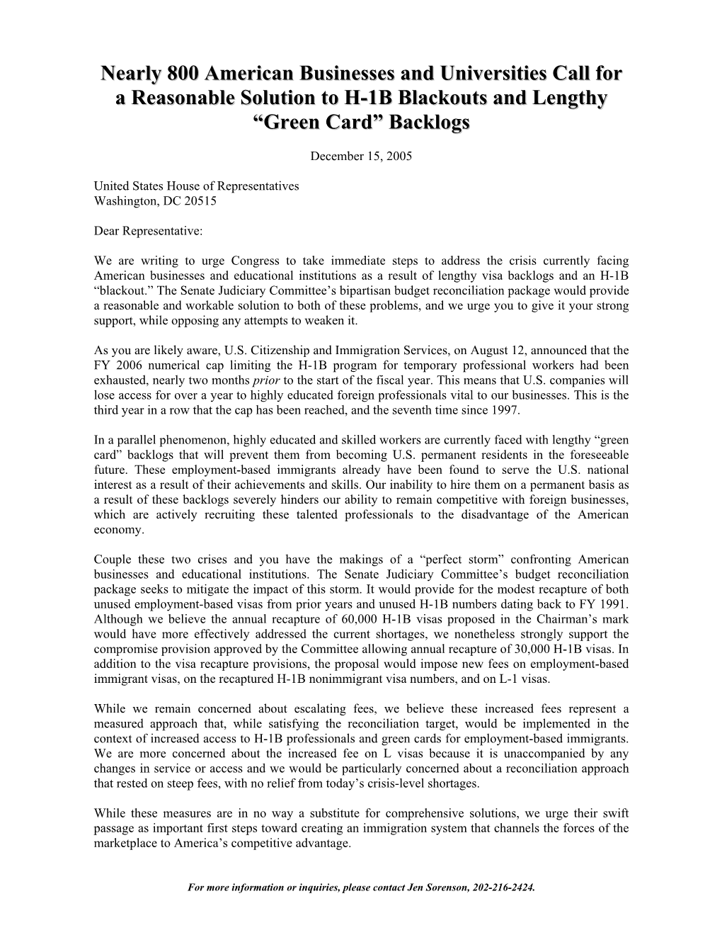 Nearly 800 American Businesses and Universities Call for a Reasonable Solution to H-1B Blackouts and Lengthy “Green Card” Backlogs