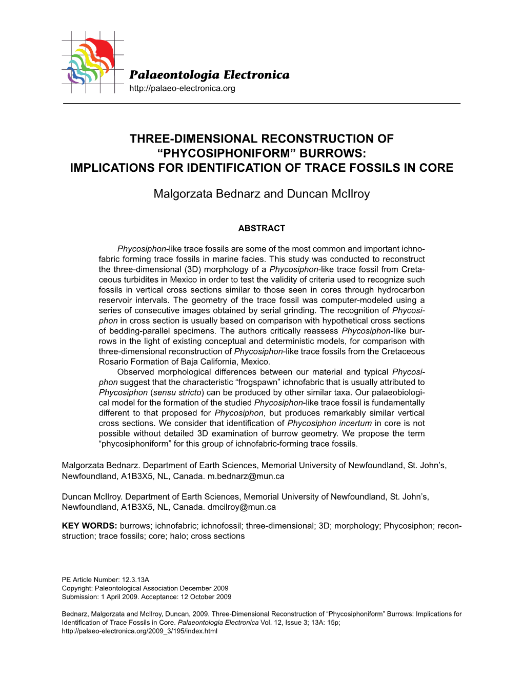 Palaeontologia Electronica THREE-DIMENSIONAL RECONSTRUCTION of “PHYCOSIPHONIFORM” BURROWS: IMPLICATIONS for IDENTIFICATION O