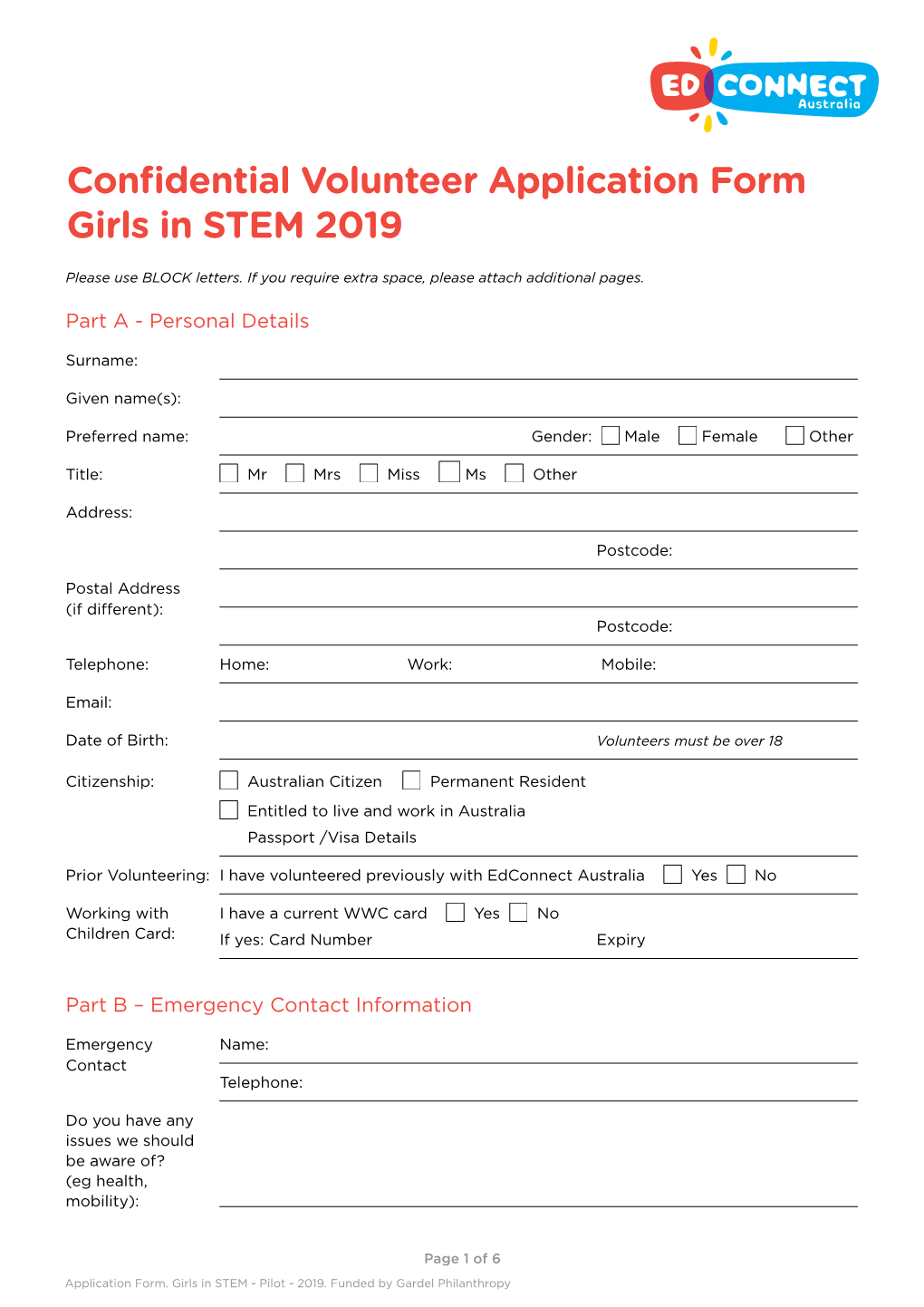 Confidential Volunteer Application Form Girls in STEM 2019