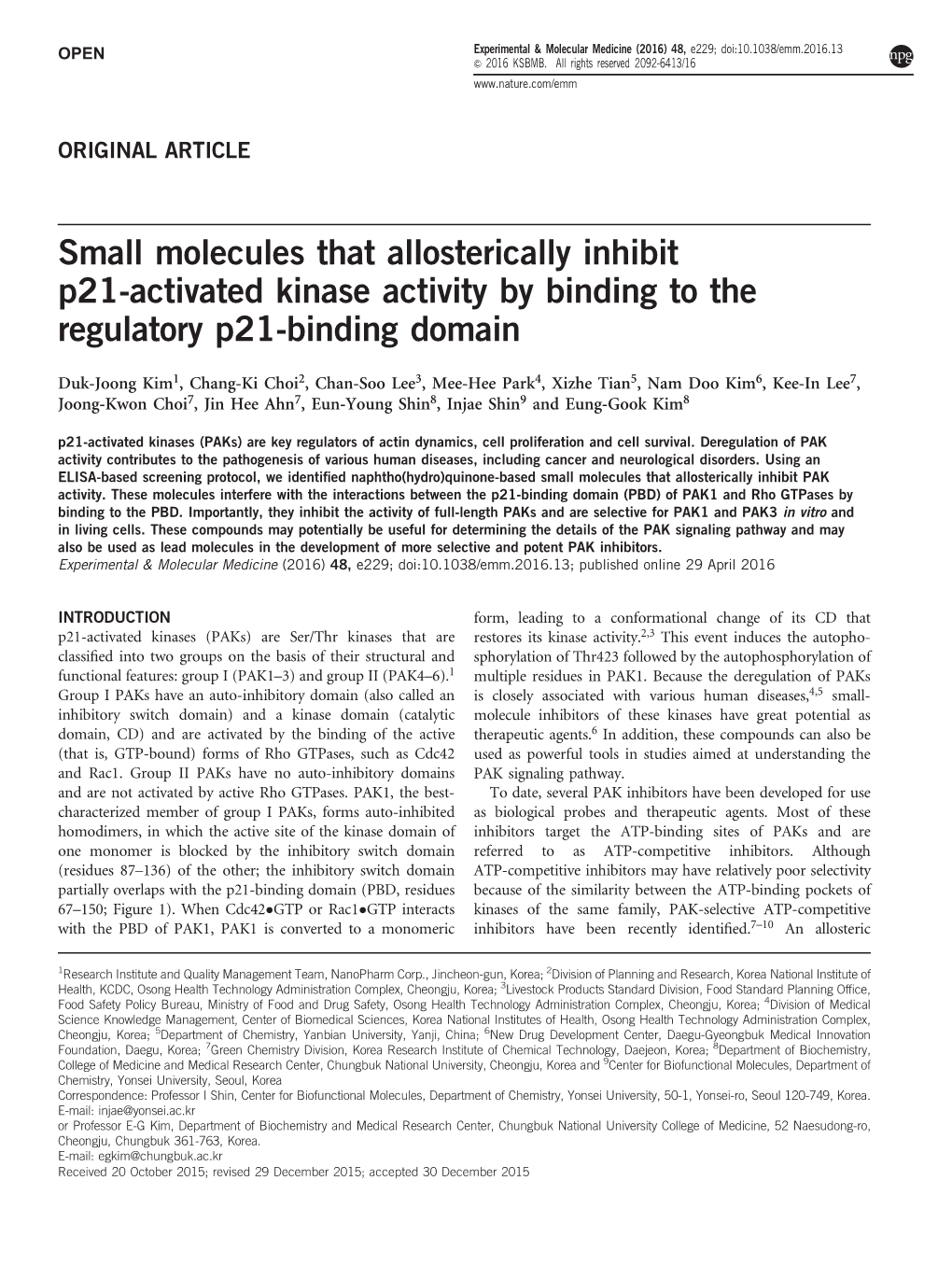 Small Molecules That Allosterically Inhibit P21-Activated Kinase Activity by Binding to the Regulatory P21-Binding Domain