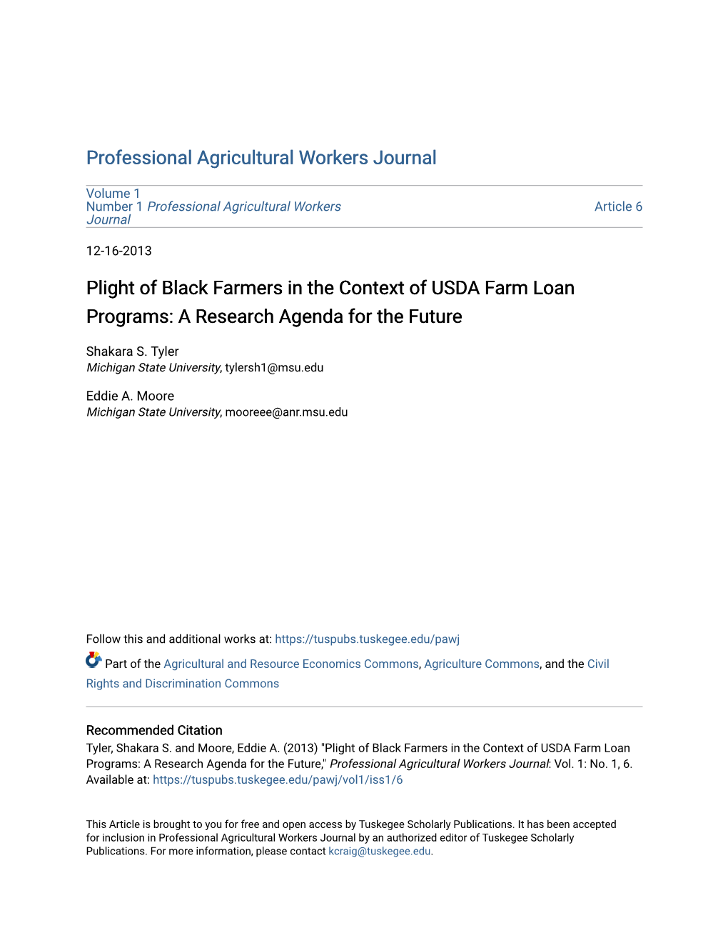 Plight of Black Farmers in the Context of USDA Farm Loan Programs: a Research Agenda for the Future
