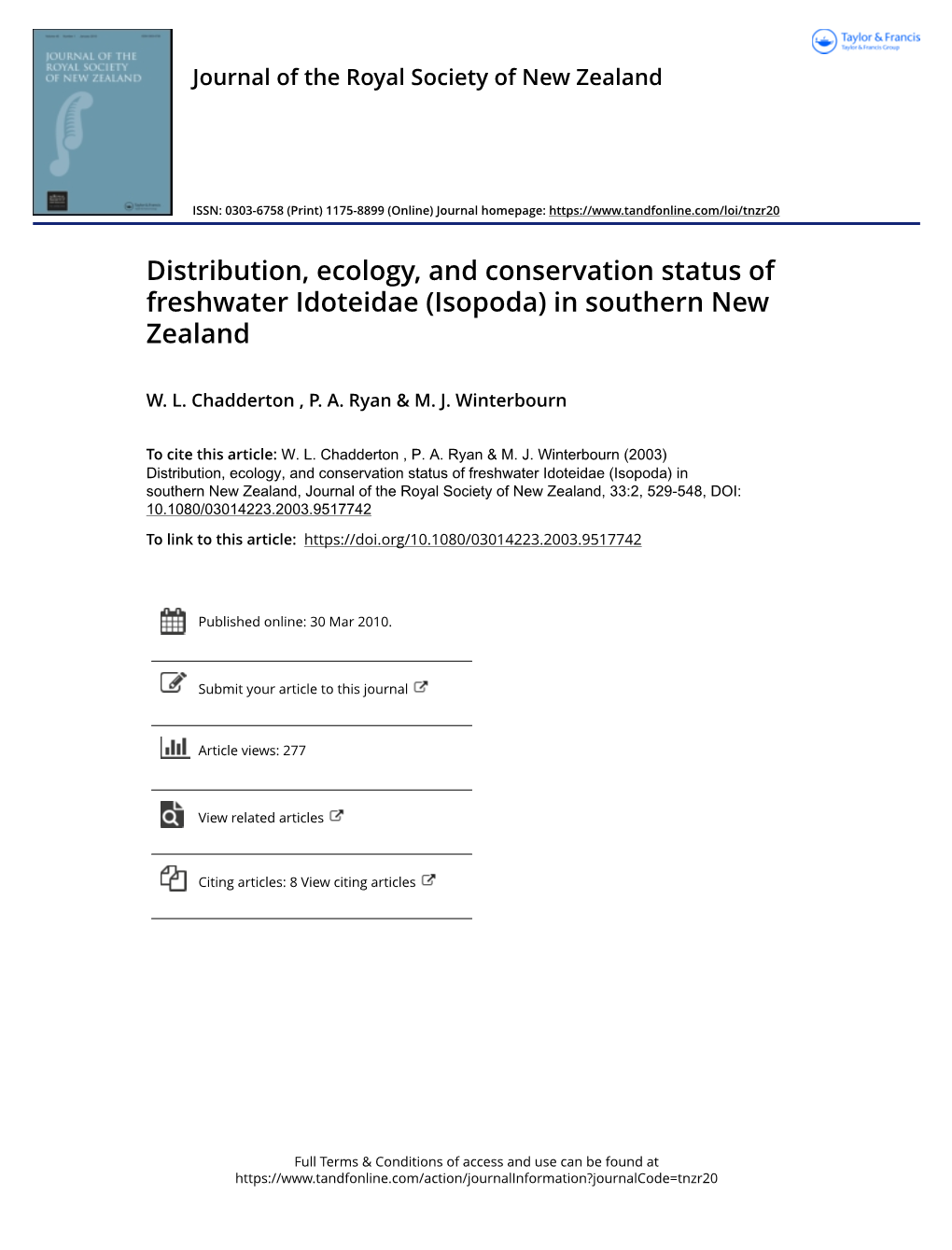 Distribution, Ecology, and Conservation Status of Freshwater Idoteidae (Isopoda) in Southern New Zealand