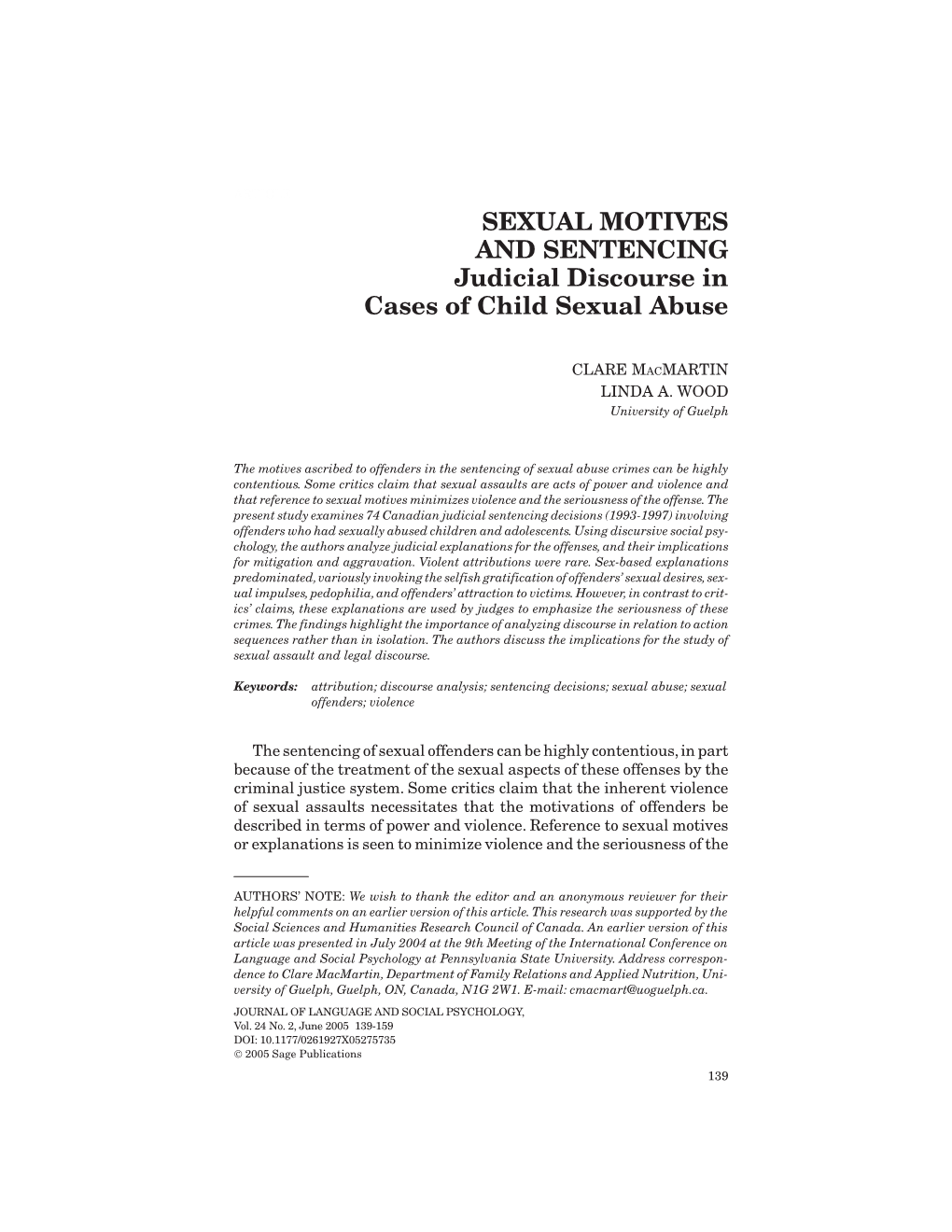 SEXUAL MOTIVES and SENTENCING Judicial Discourse in Cases of Child Sexual Abuse