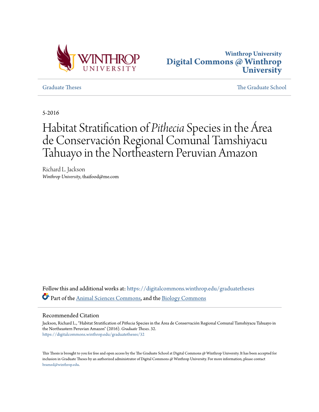 Habitat Stratification of Pithecia Species in the Área De Conservación Regional Comunal Tamshiyacu Tahuayo in the Northeastern Peruvian Amazon Richard L