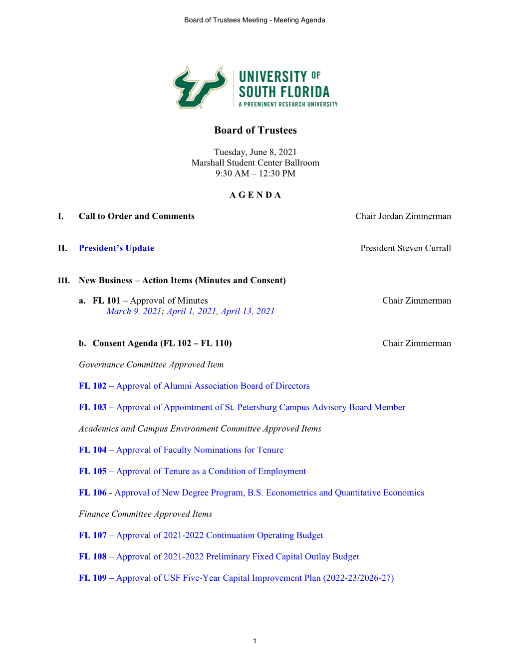 Board of Trustees Meeting - Meeting Agenda