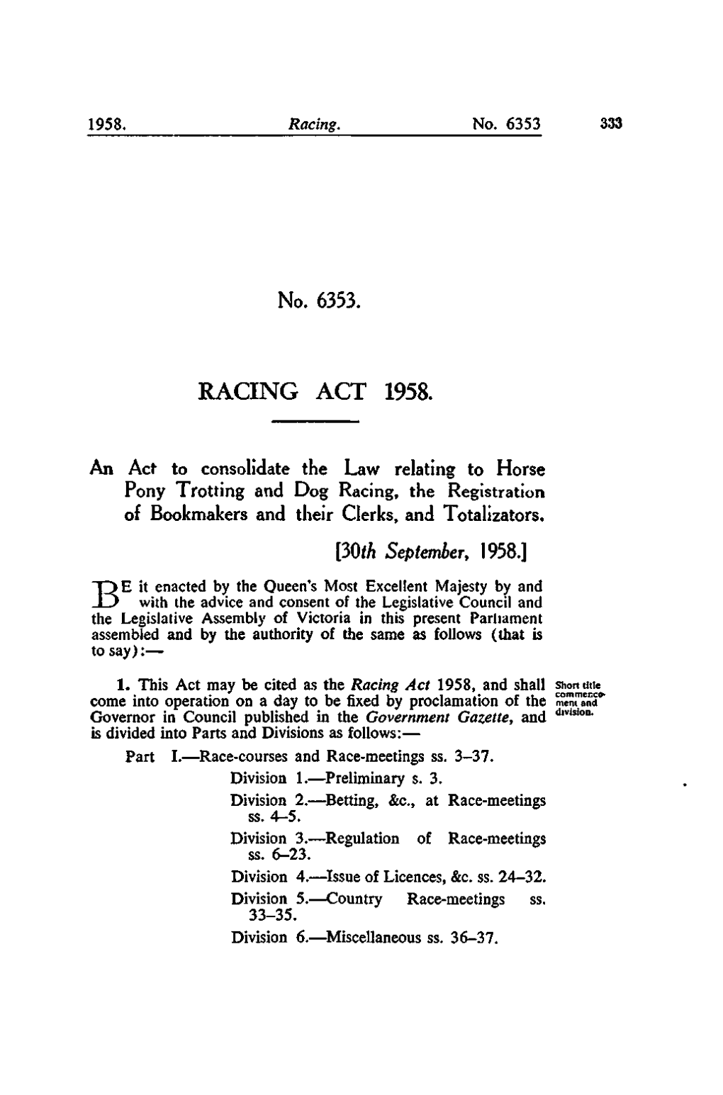 No. 6353. RACING ACT 1958