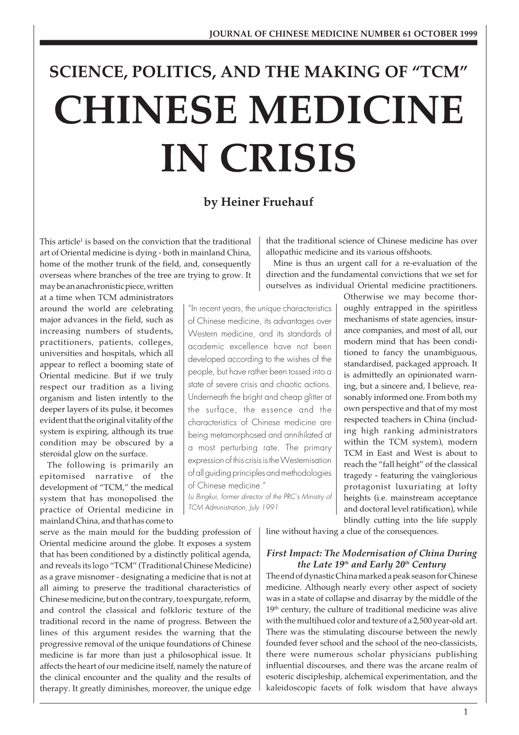 Chinese Medicine in Crisis